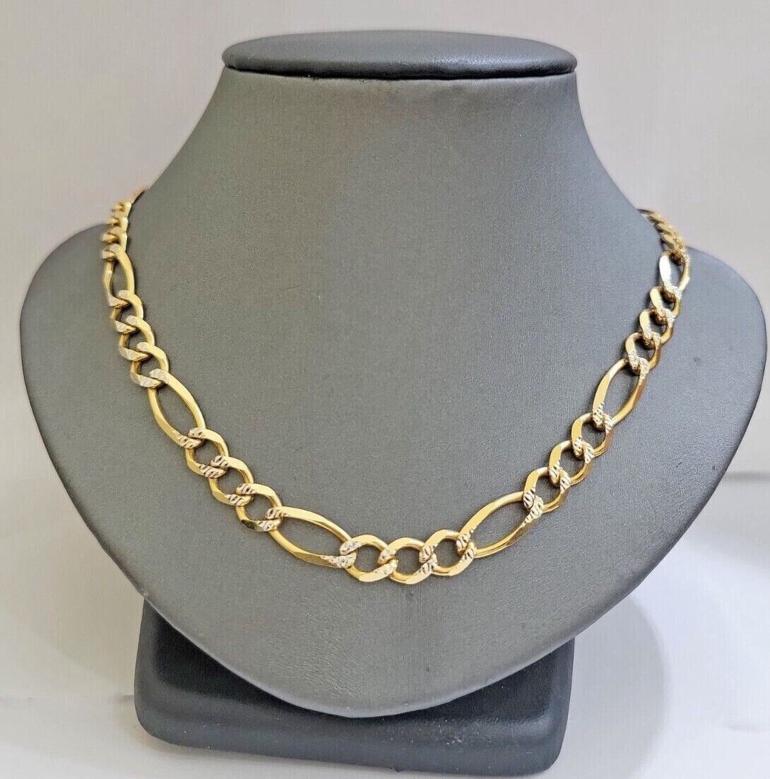 Figaro Link Chain Real 10k Yellow Gold 8mm Necklace 18 - 30 Inch Solid Two Tone - GoldenlinQ
