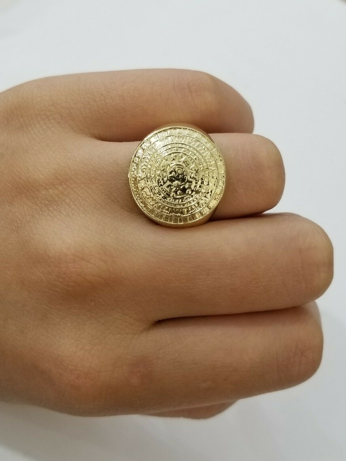GOLD Mens Ring Aztec Mayan Solid 10k Yellow Gold Sun Calendar 10 KT REAL Gold - GoldenlinQ