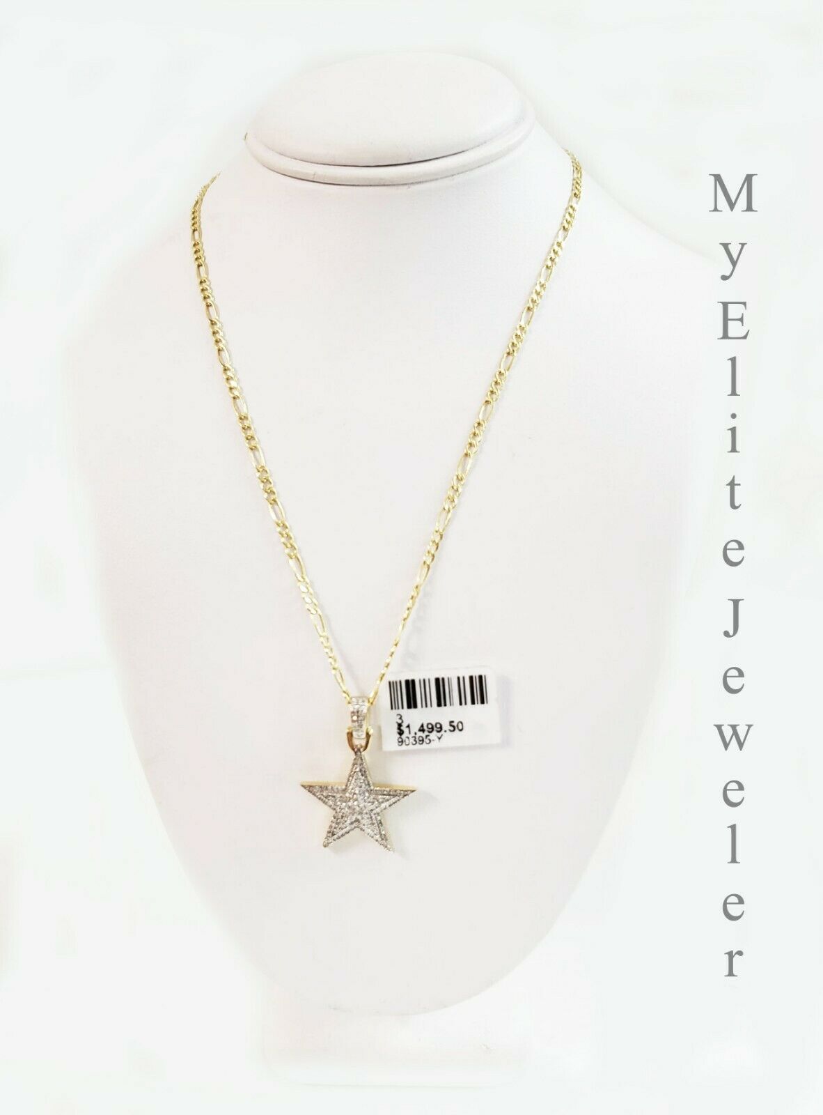 Ladies 10K Solid Star 0.19 CT Diamond Charm Necklace Gold Figaro Chain 18 Inch - GoldenlinQ