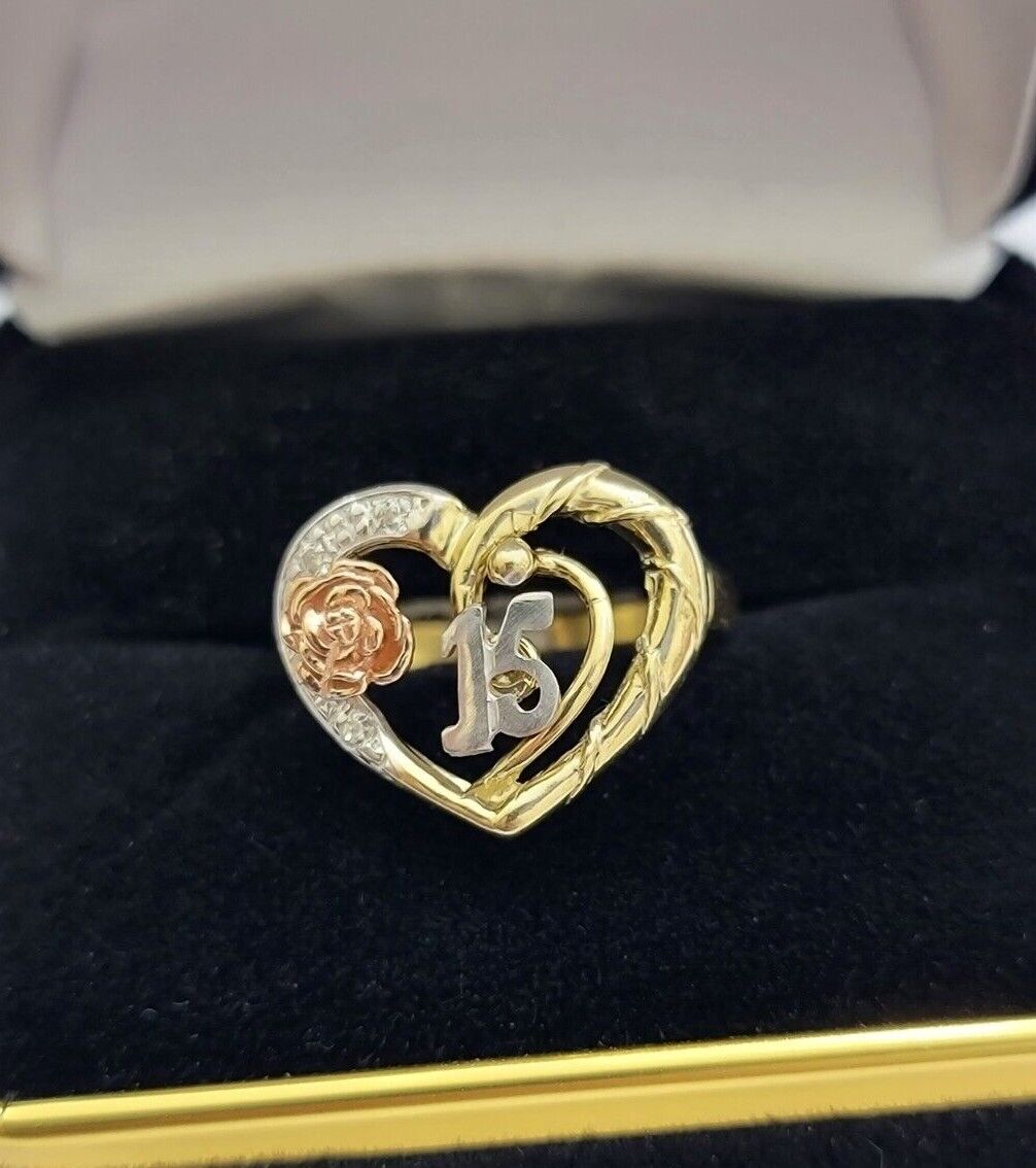 Ladies Ring 10k Gold Quinceanera 15 Anos Year Girls 10KT Yellow Hearts REAL SALE - GoldenlinQ