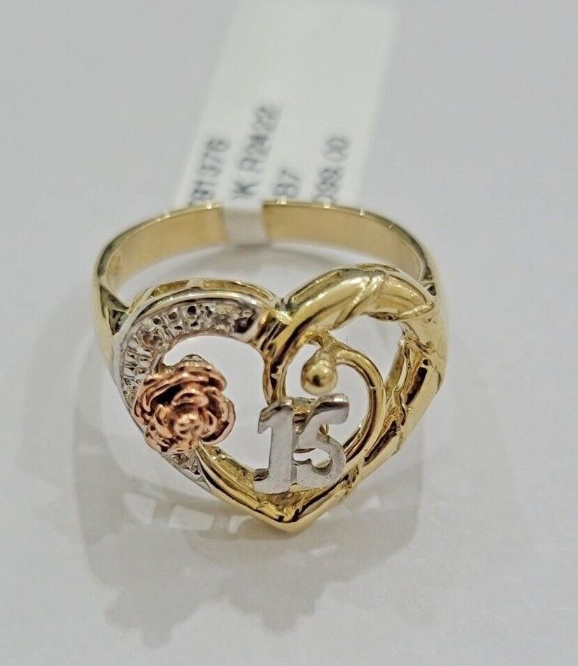 Ladies Ring 10k Gold Quinceanera 15 Anos Year Girls 10KT Yellow Hearts REAL SALE - GoldenlinQ