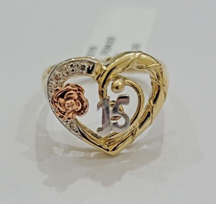 Ladies Ring 10k Gold Quinceanera 15 Anos Year Girls 10KT Yellow Hearts REAL SALE - GoldenlinQ