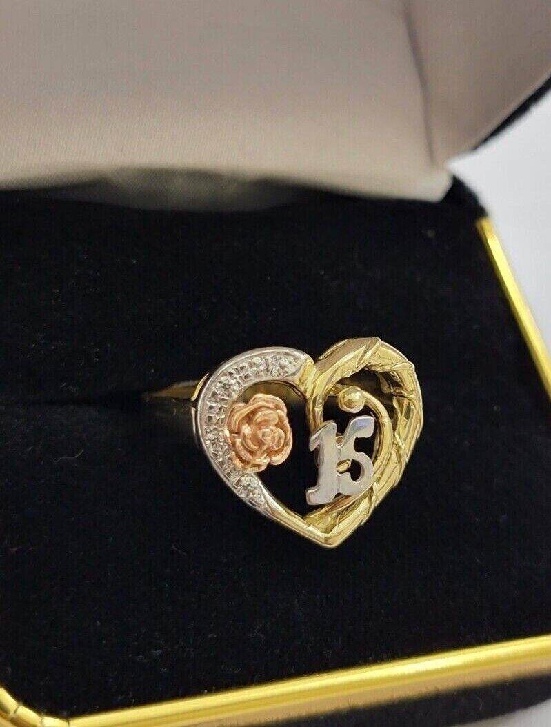 Ladies Ring 10k Gold Quinceanera 15 Anos Year Girls 10KT Yellow Hearts REAL SALE - GoldenlinQ