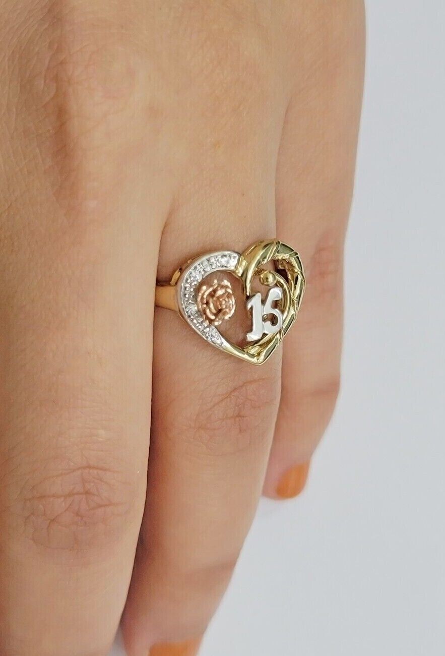 Ladies Ring 10k Gold Quinceanera 15 Anos Year Girls 10KT Yellow Hearts REAL SALE - GoldenlinQ