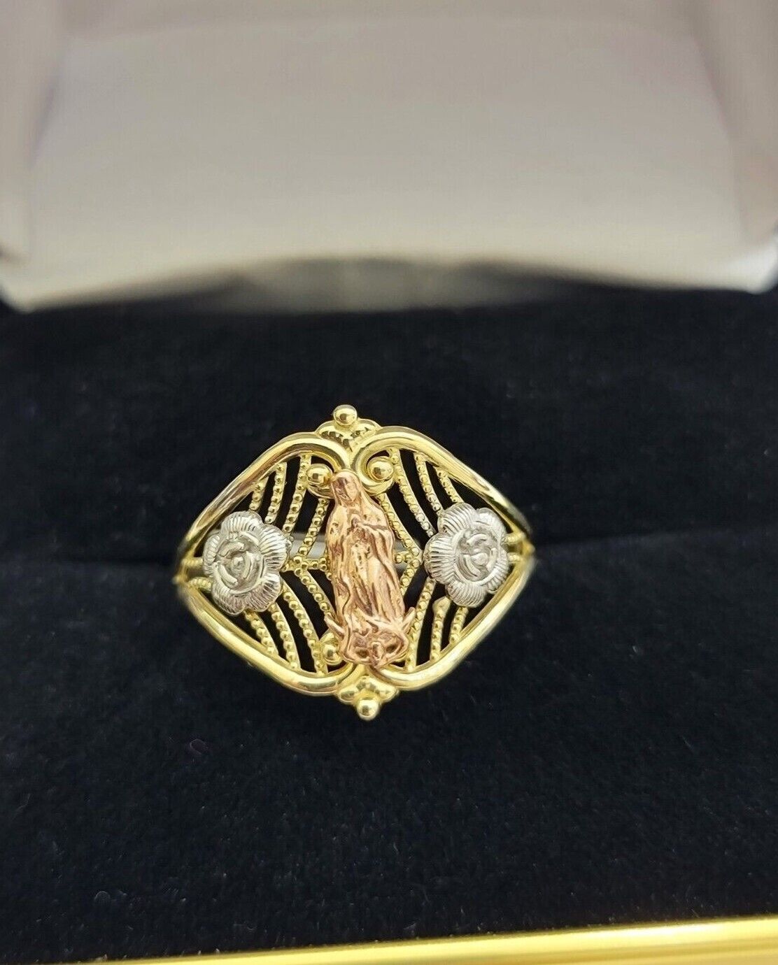 Ladies Ring 10k Yellow Gold Virgin Mary Cross 10KT REAL Gold Unique Size 7 SALE - GoldenlinQ