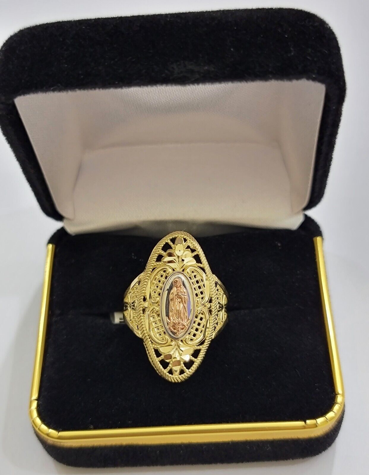 Ladies Ring 10k Yellow Gold Virgin Mary Cross 10KT REAL Gold Unique Size 7 SALE - GoldenlinQ