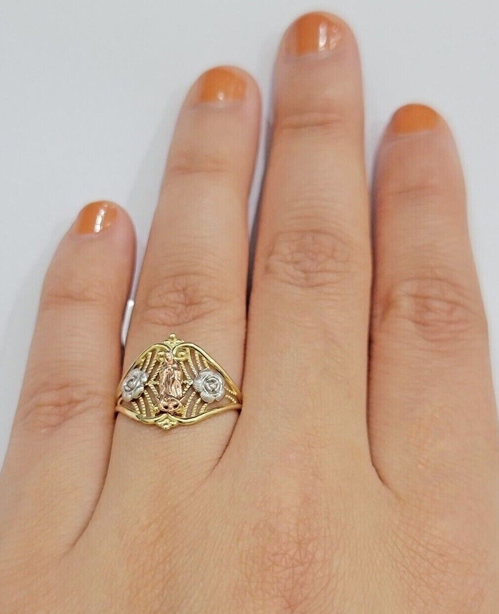 Ladies Ring 10k Yellow Gold Virgin Mary Cross 10KT REAL Gold Unique Size 7 SALE - GoldenlinQ
