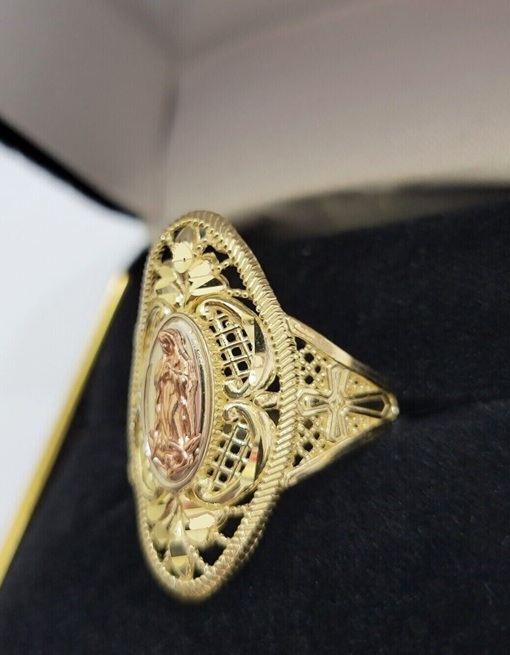 Ladies Ring 10k Yellow Gold Virgin Mary Cross 10KT REAL Gold Unique Size 7 SALE - GoldenlinQ