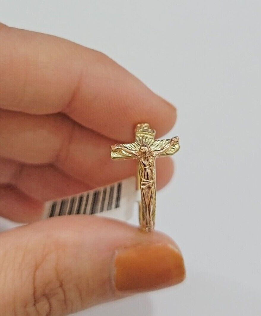Ladies Ring 10k Yellow Rose Gold Jesus Cross REAL Crucifix Unique Band For SALE - GoldenlinQ