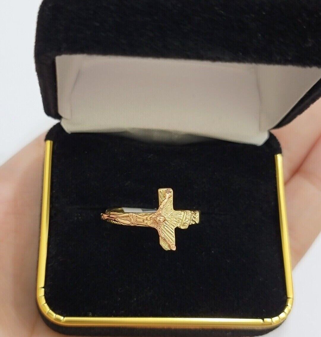 Ladies Ring 10k Yellow Rose Gold Jesus Cross REAL Crucifix Unique Band For SALE - GoldenlinQ