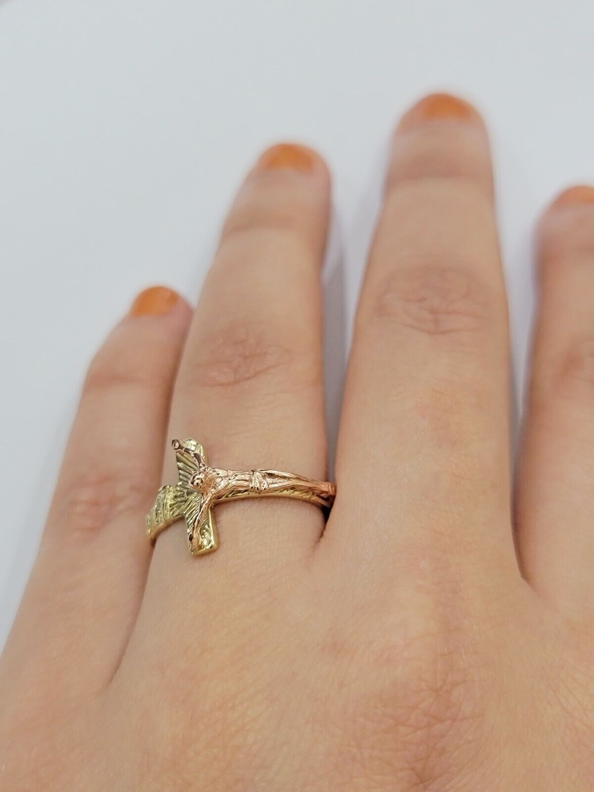 Ladies Ring 10k Yellow Rose Gold Jesus Cross REAL Crucifix Unique Band For SALE - GoldenlinQ