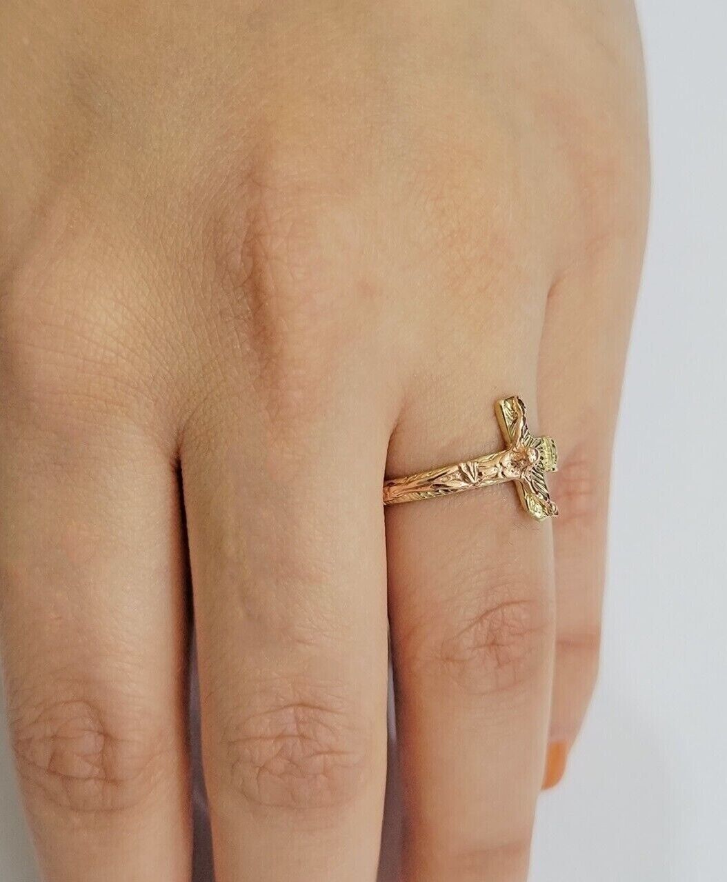 Ladies Ring 10k Yellow Rose Gold Jesus Cross REAL Crucifix Unique Band For SALE - GoldenlinQ