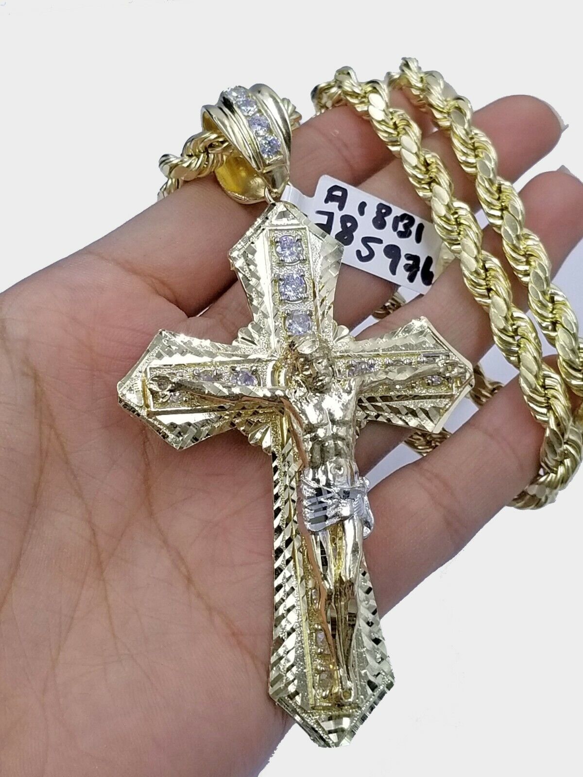 Men 10k Real Yellow Gold Rope Chain 26" Crucifix Cross Charm Diamond cut Set - GoldenlinQ