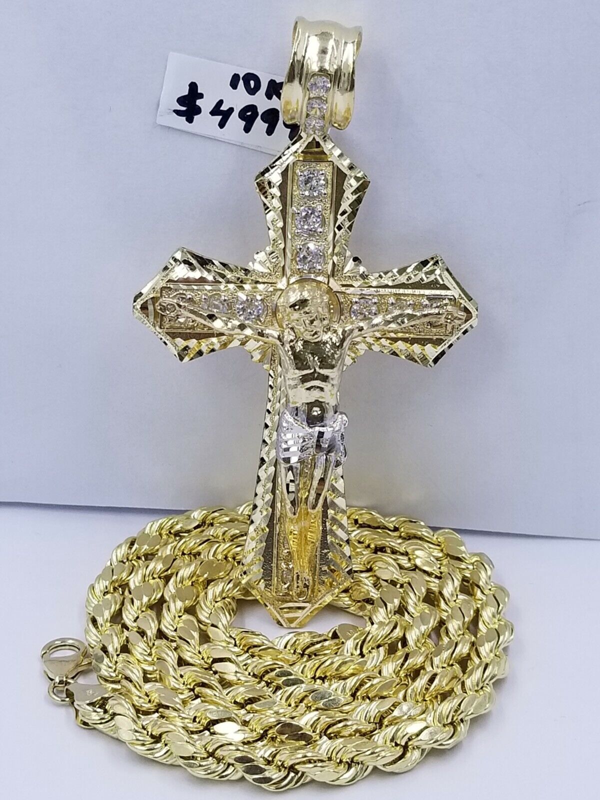 Men 10k Real Yellow Gold Rope Chain 26" Crucifix Cross Charm Diamond cut Set - GoldenlinQ