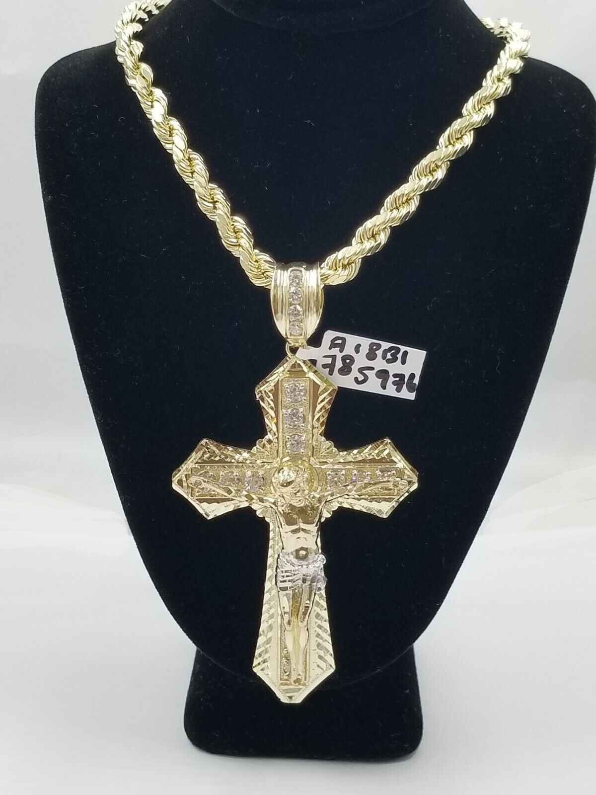 Men 10k Real Yellow Gold Rope Chain 26" Crucifix Cross Charm Diamond cut Set - GoldenlinQ