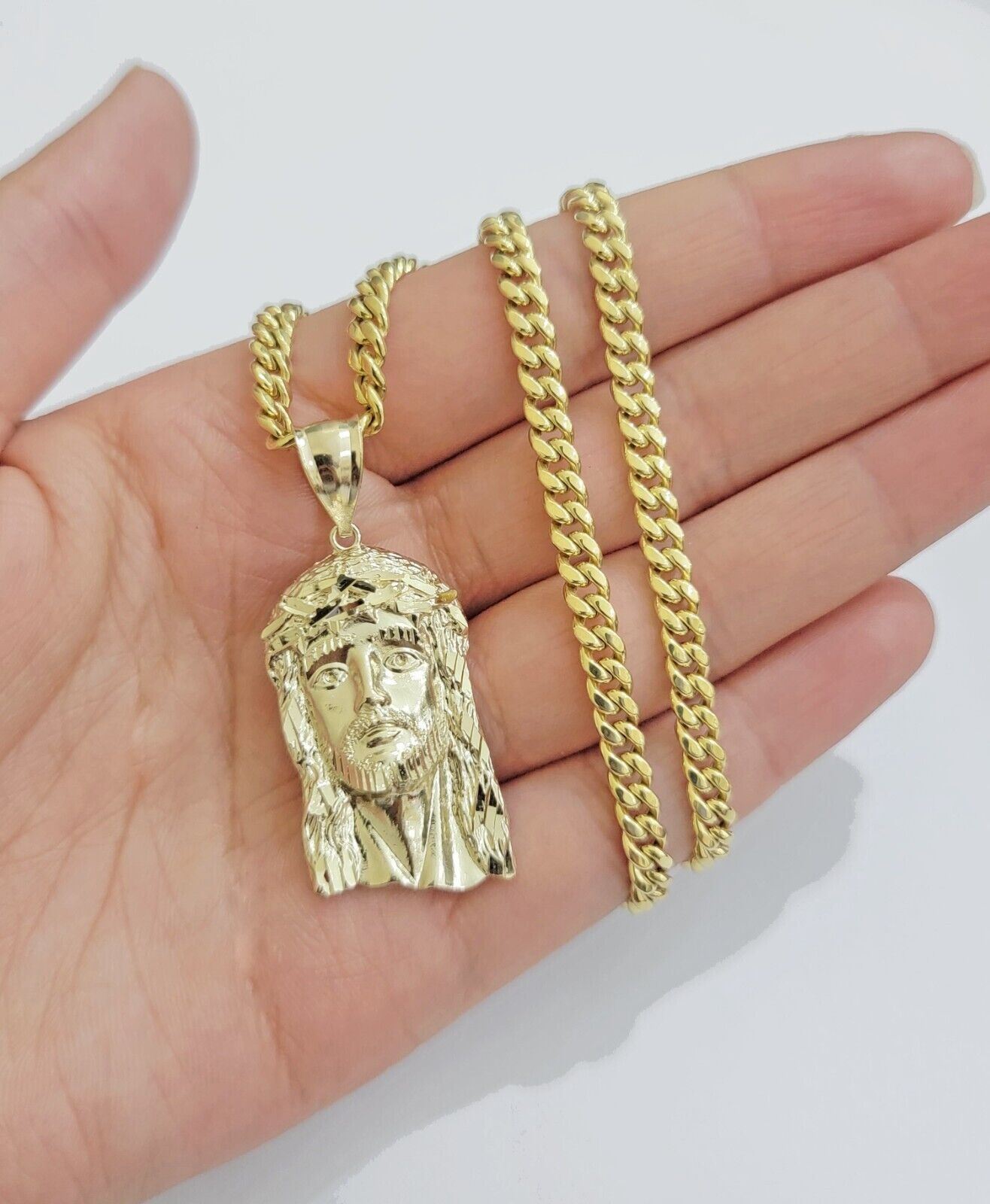 Mens 10k Gold Chain Necklace Charm Pendant SET ,5mm Miami Cuban Link, Jesus Face - GoldenlinQ