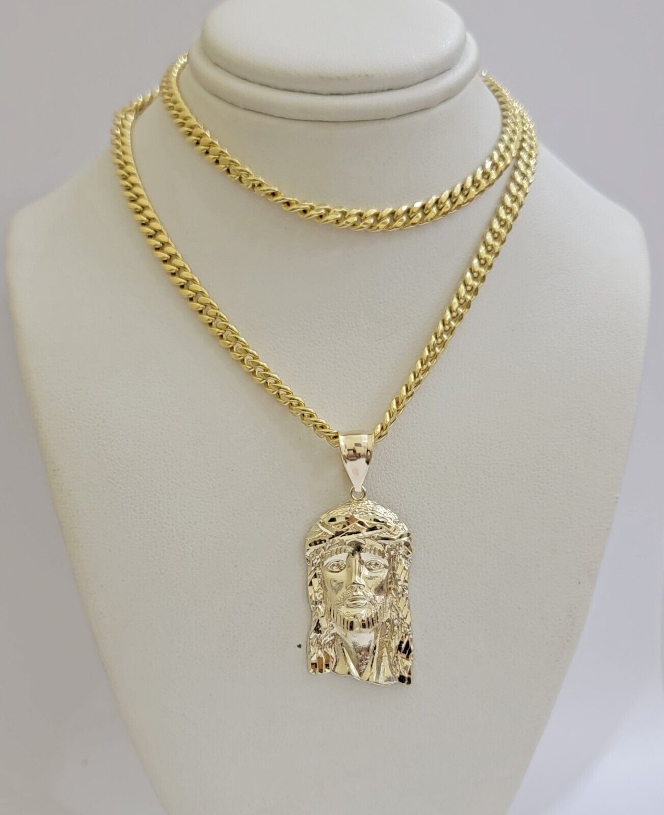 Mens 10k Gold Chain Necklace Charm Pendant SET ,5mm Miami Cuban Link, Jesus Face - GoldenlinQ