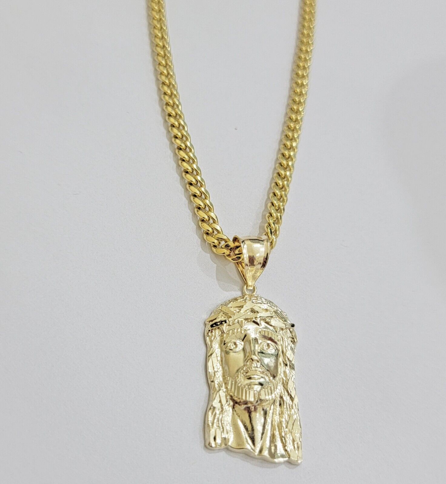 Mens 10k Gold Chain Necklace Charm Pendant SET ,5mm Miami Cuban Link, Jesus Face - GoldenlinQ