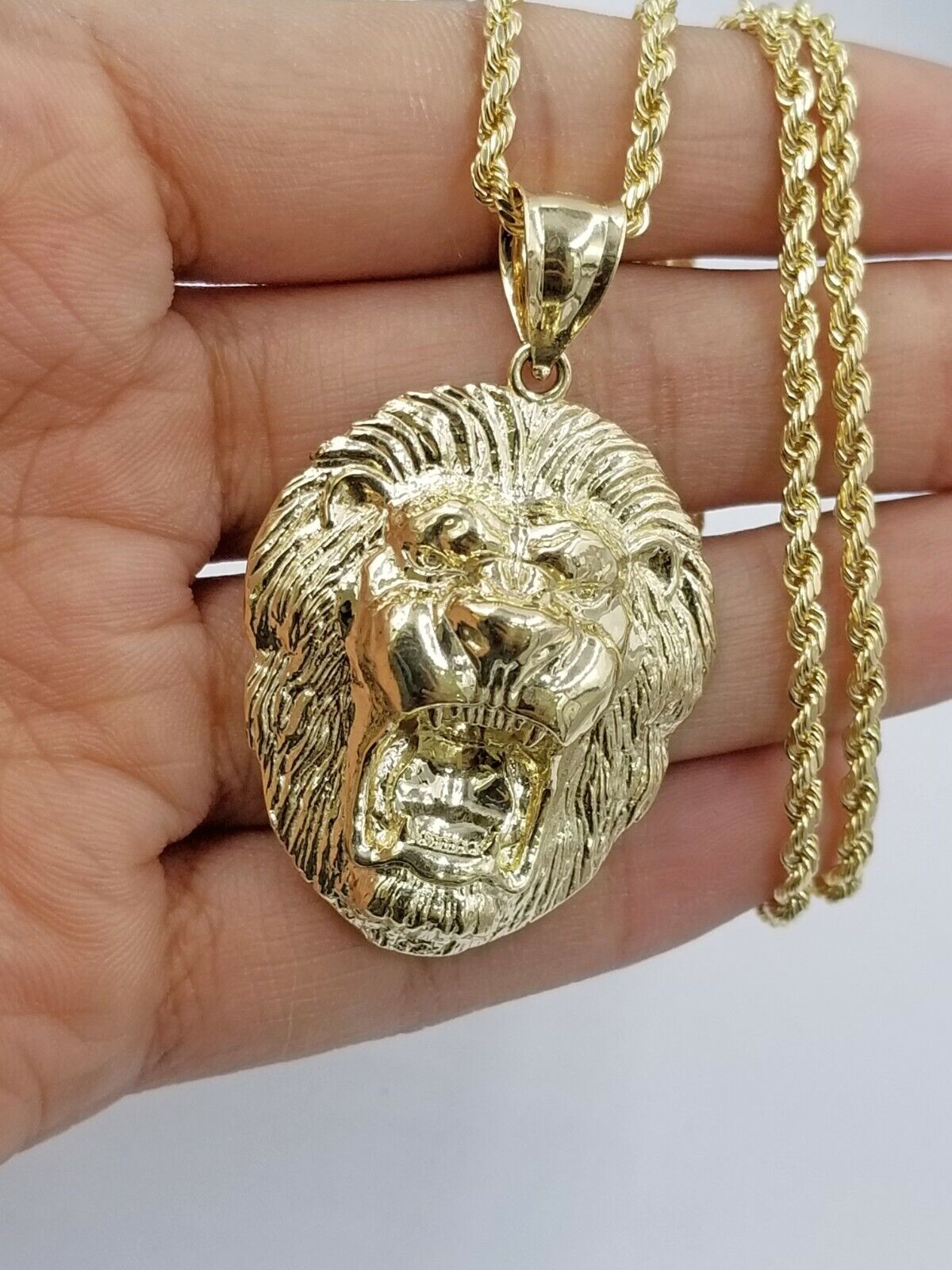 Mens 10k Solid Yellow Gold Roaring King Lion Head Charm Pendant Diamond Cut Real - GoldenlinQ