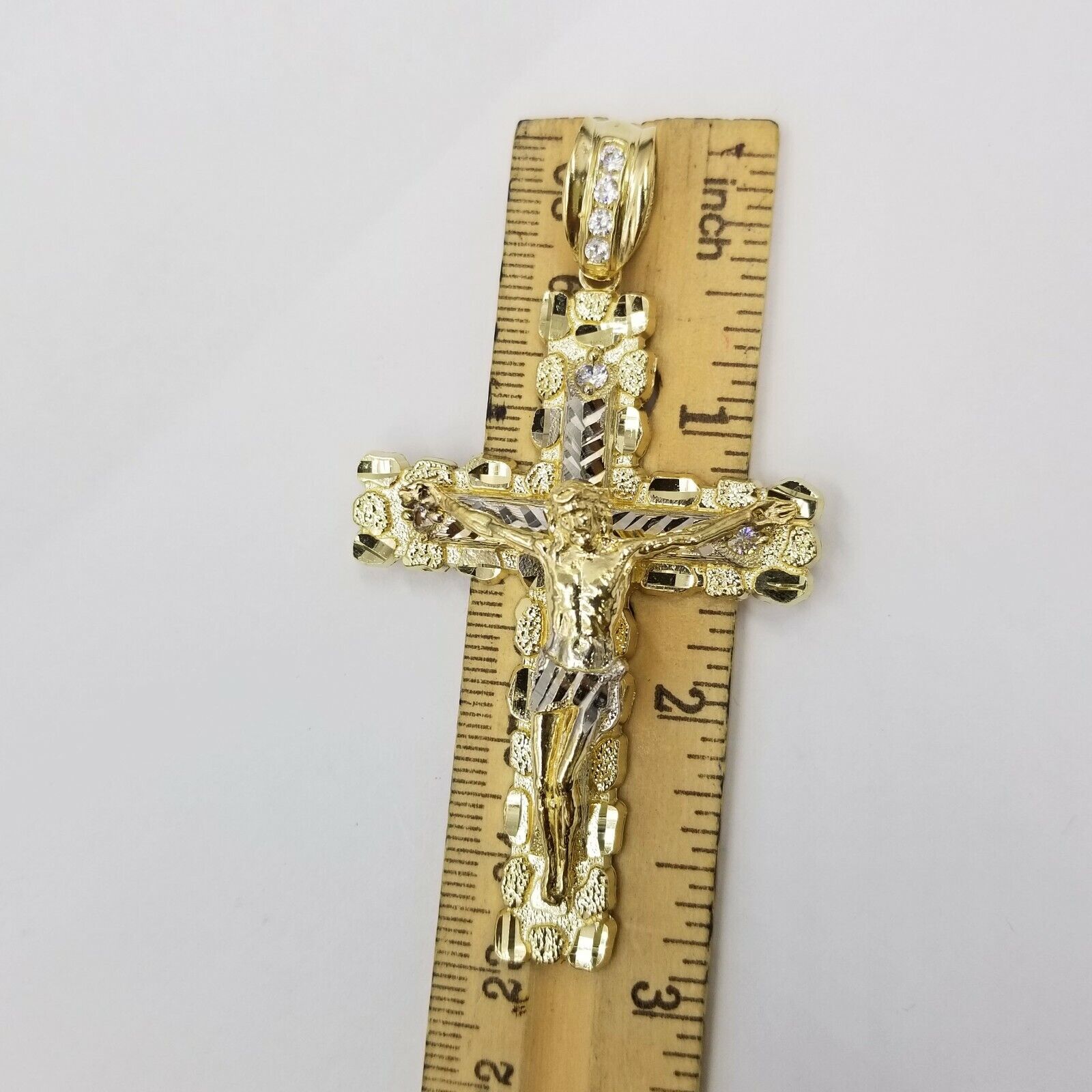 Mens 10k Yellow Gold Cross Charm Diamond Cut Pendant Byzantine Chain in 24" Real - GoldenlinQ