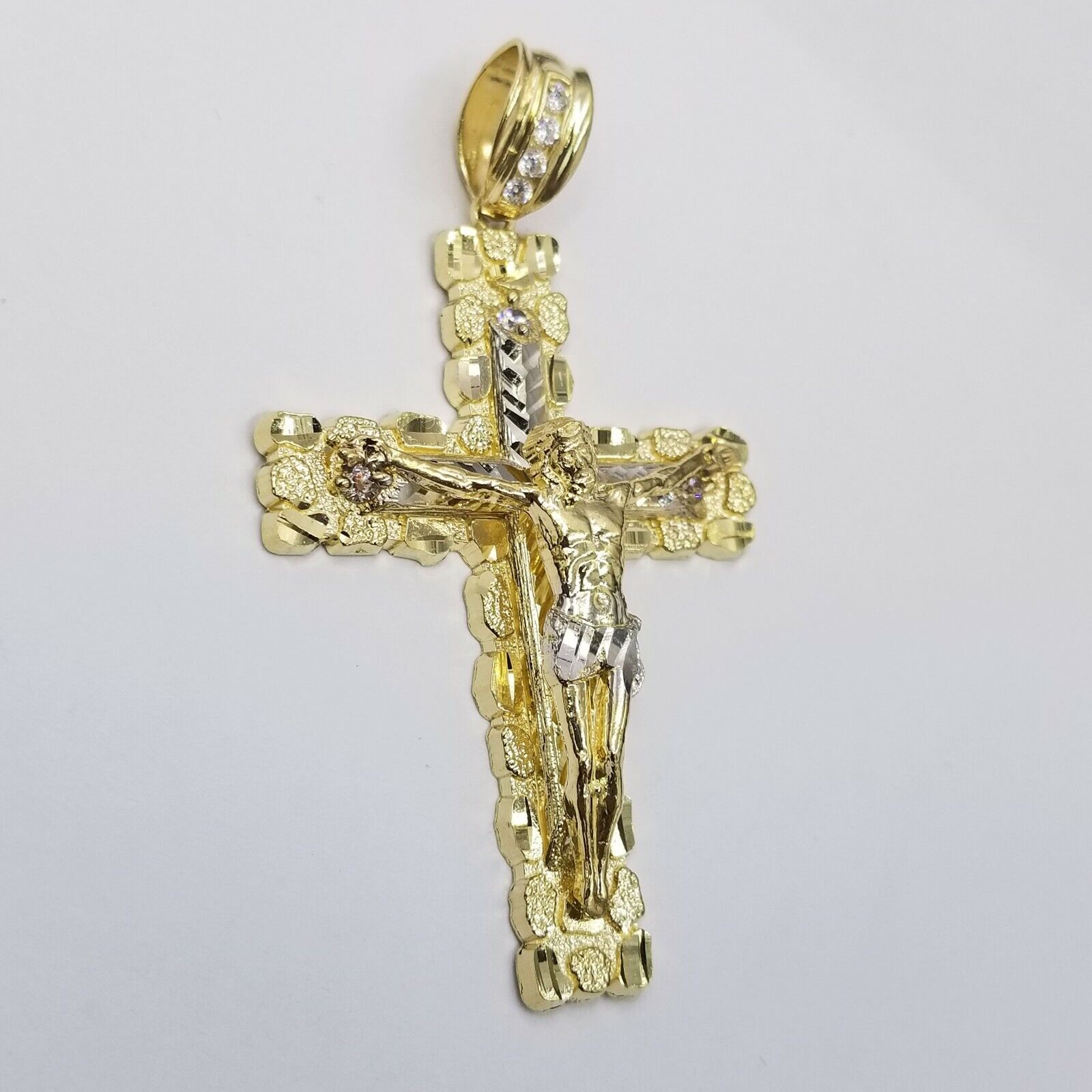 Mens 10k Yellow Gold Cross Charm Diamond Cut Pendant Byzantine Chain in 24" Real - GoldenlinQ