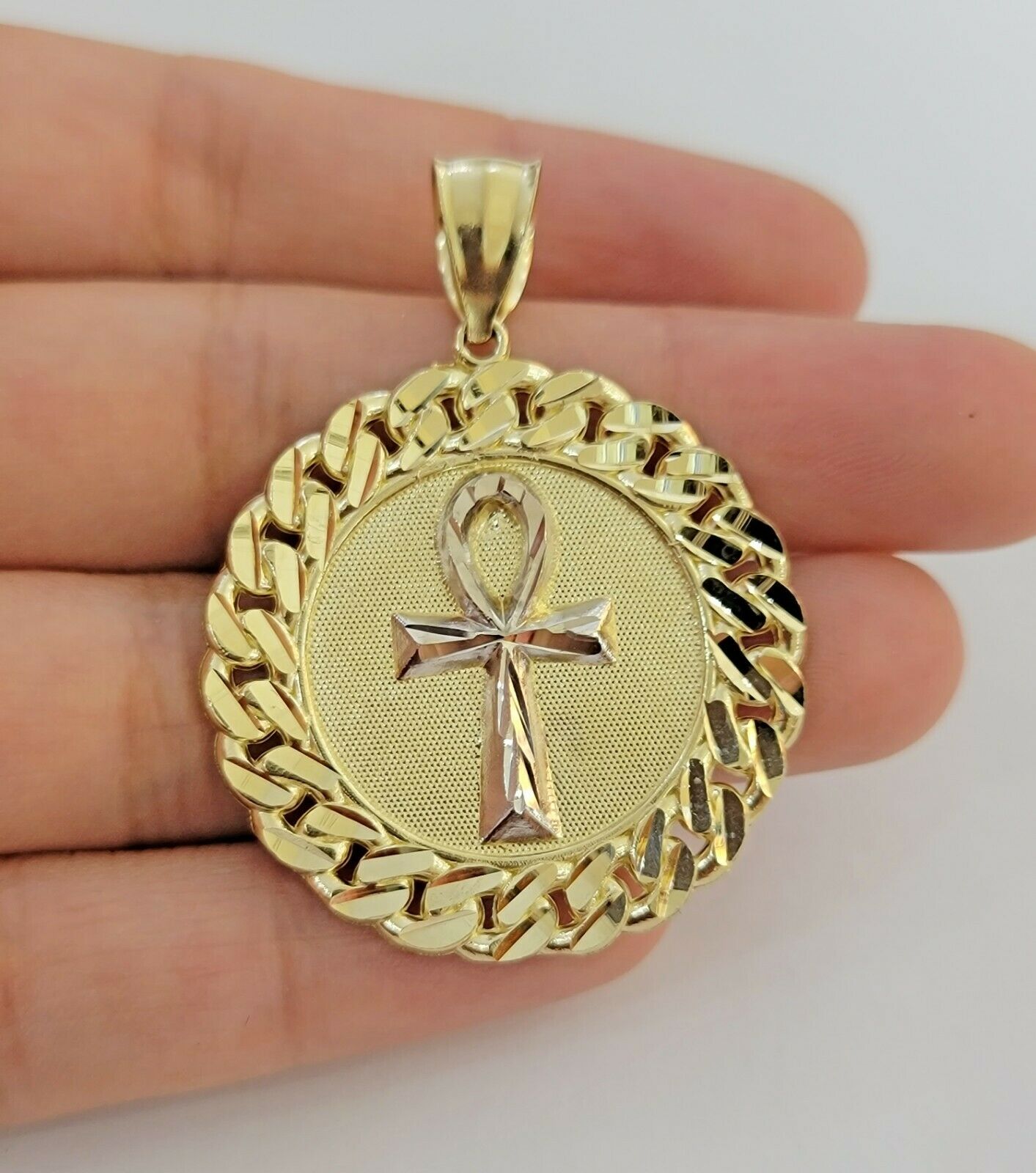 Mens Real 10kt Yellow Gold Ankh Cuban Pendant Charm Medallion Round 10k, Dia Cut - GoldenlinQ