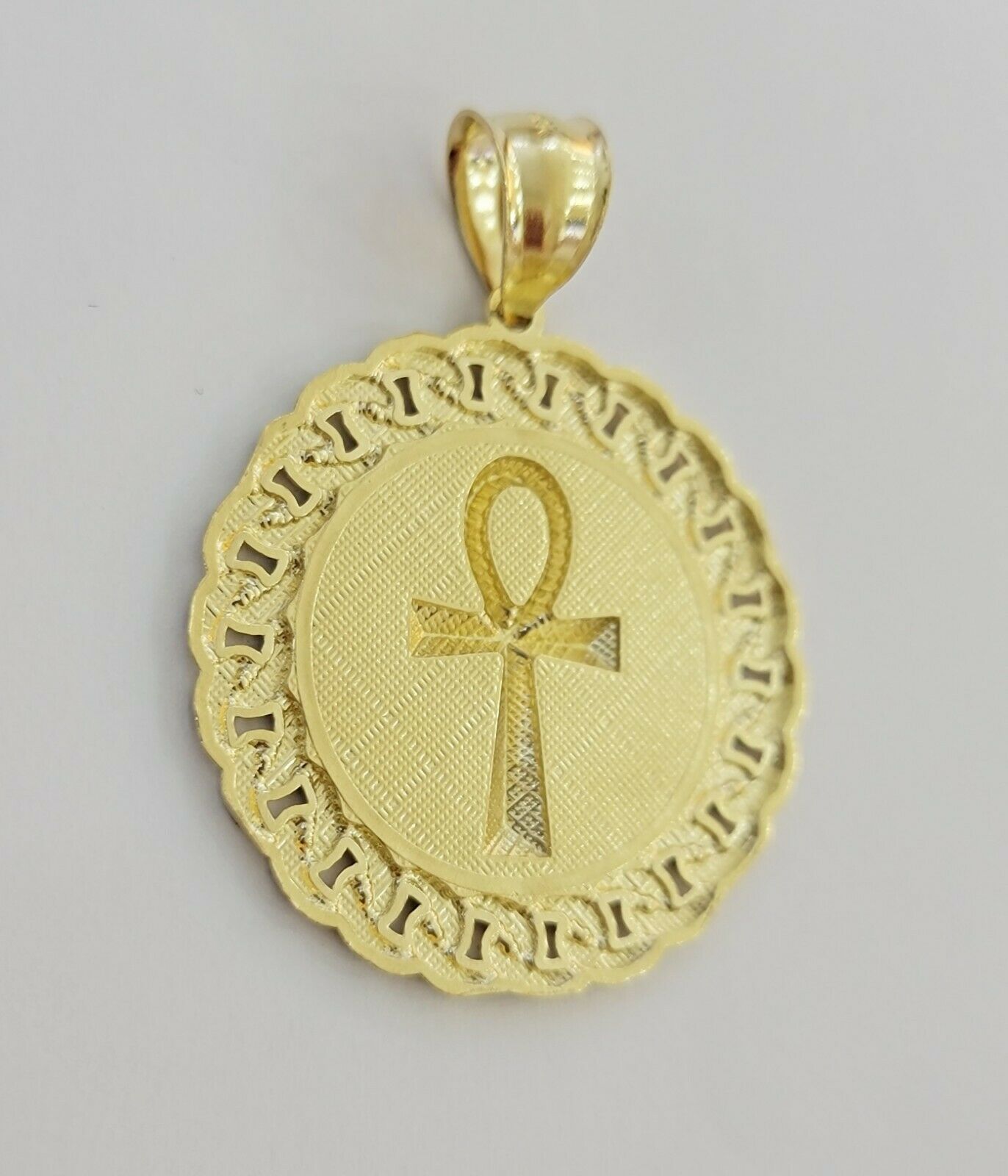 Mens Real 10kt Yellow Gold Ankh Cuban Pendant Charm Medallion Round 10k, Dia Cut - GoldenlinQ