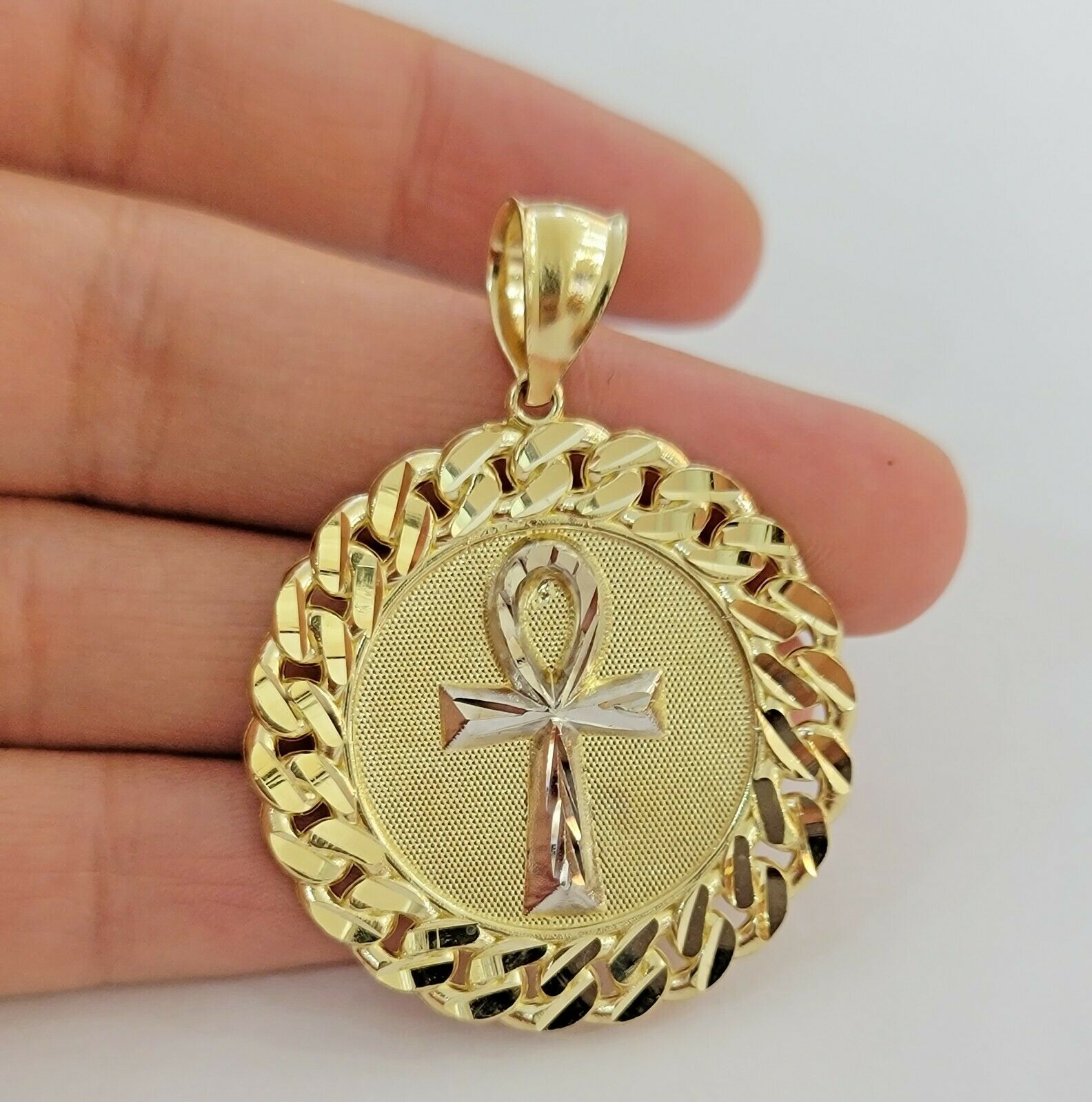 Mens Real 10kt Yellow Gold Ankh Cuban Pendant Charm Medallion Round 10k, Dia Cut - GoldenlinQ