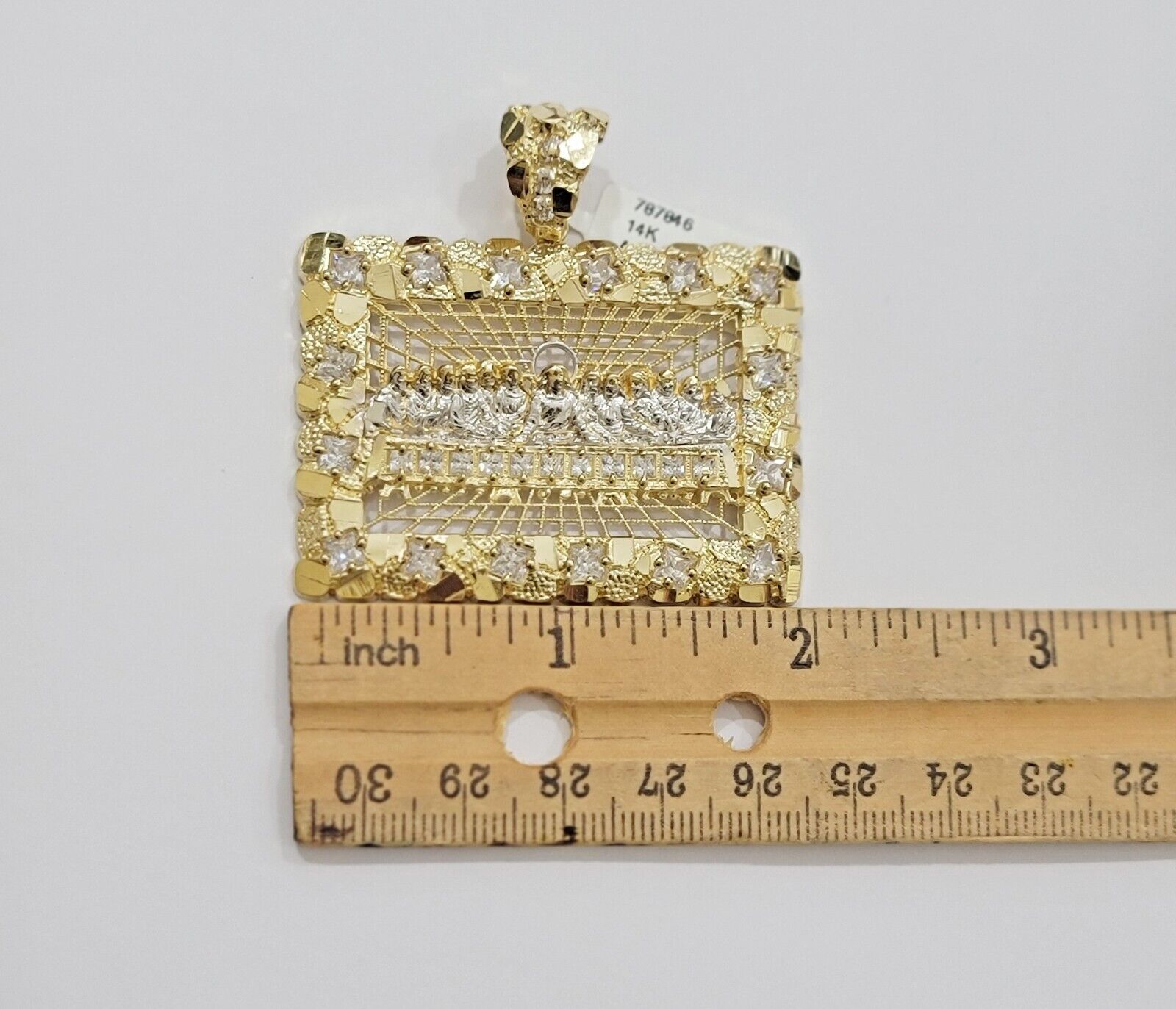 Mens Real 14kt Yellow Gold Nugget Last Supper Pendant Charm Medallion 2"Long 14k - GoldenlinQ