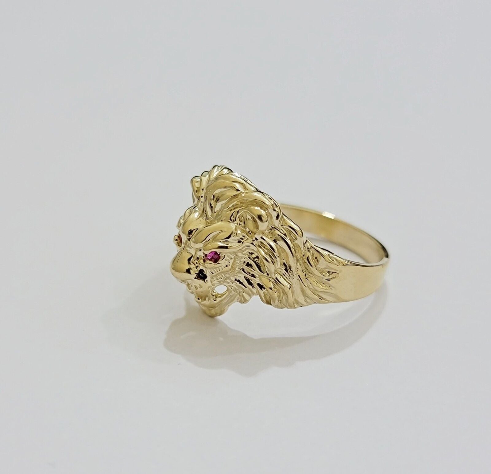 Mens Ring Lion Head REAL 10k Yellow Gold Roaring Lion With Red Eye , 10kt Solid - GoldenlinQ
