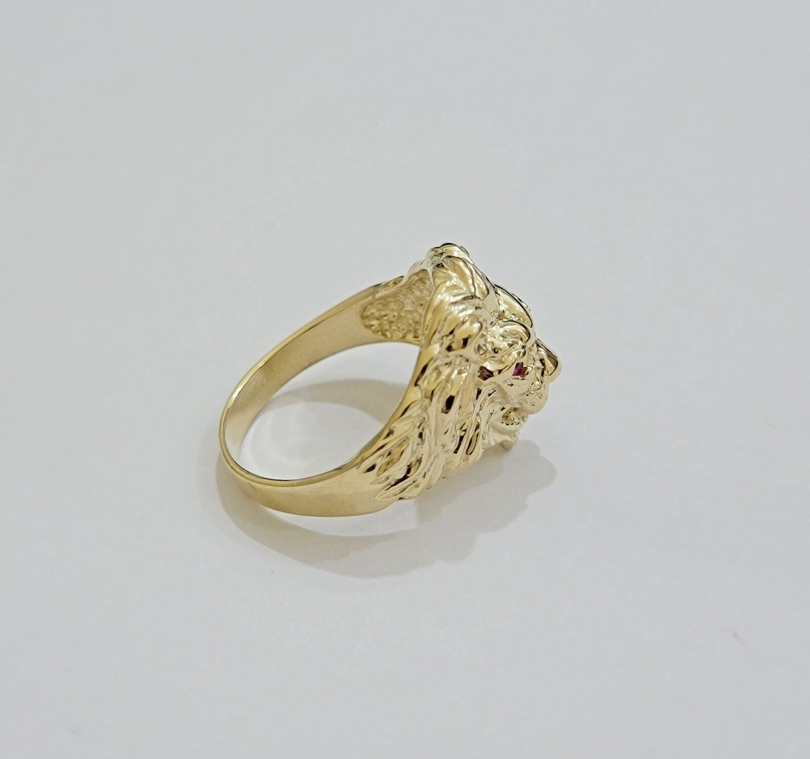 Mens Ring Lion Head REAL 10k Yellow Gold Roaring Lion With Red Eye , 10kt Solid - GoldenlinQ