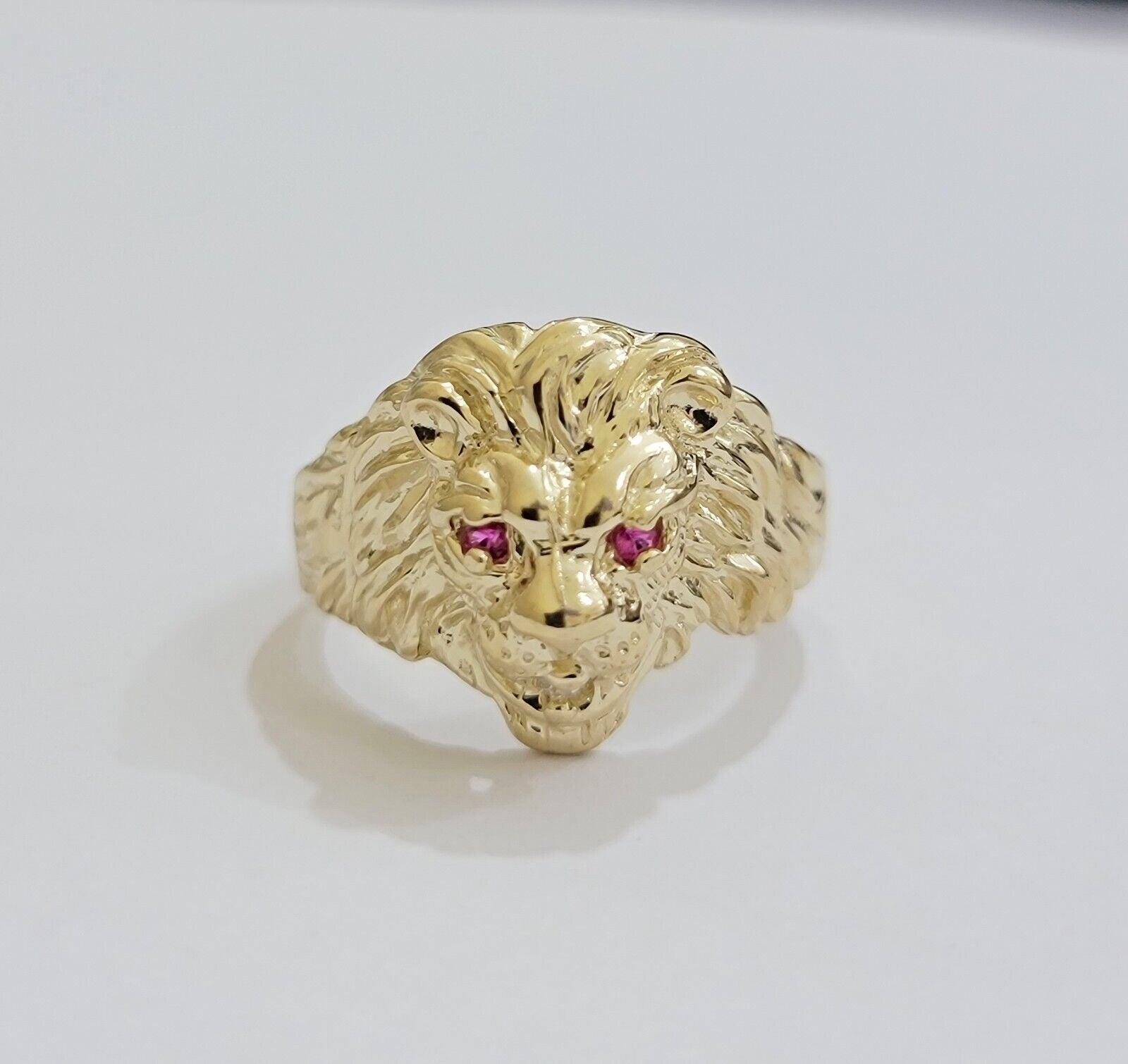 Mens Ring Lion Head REAL 10k Yellow Gold Roaring Lion With Red Eye , 10kt Solid - GoldenlinQ