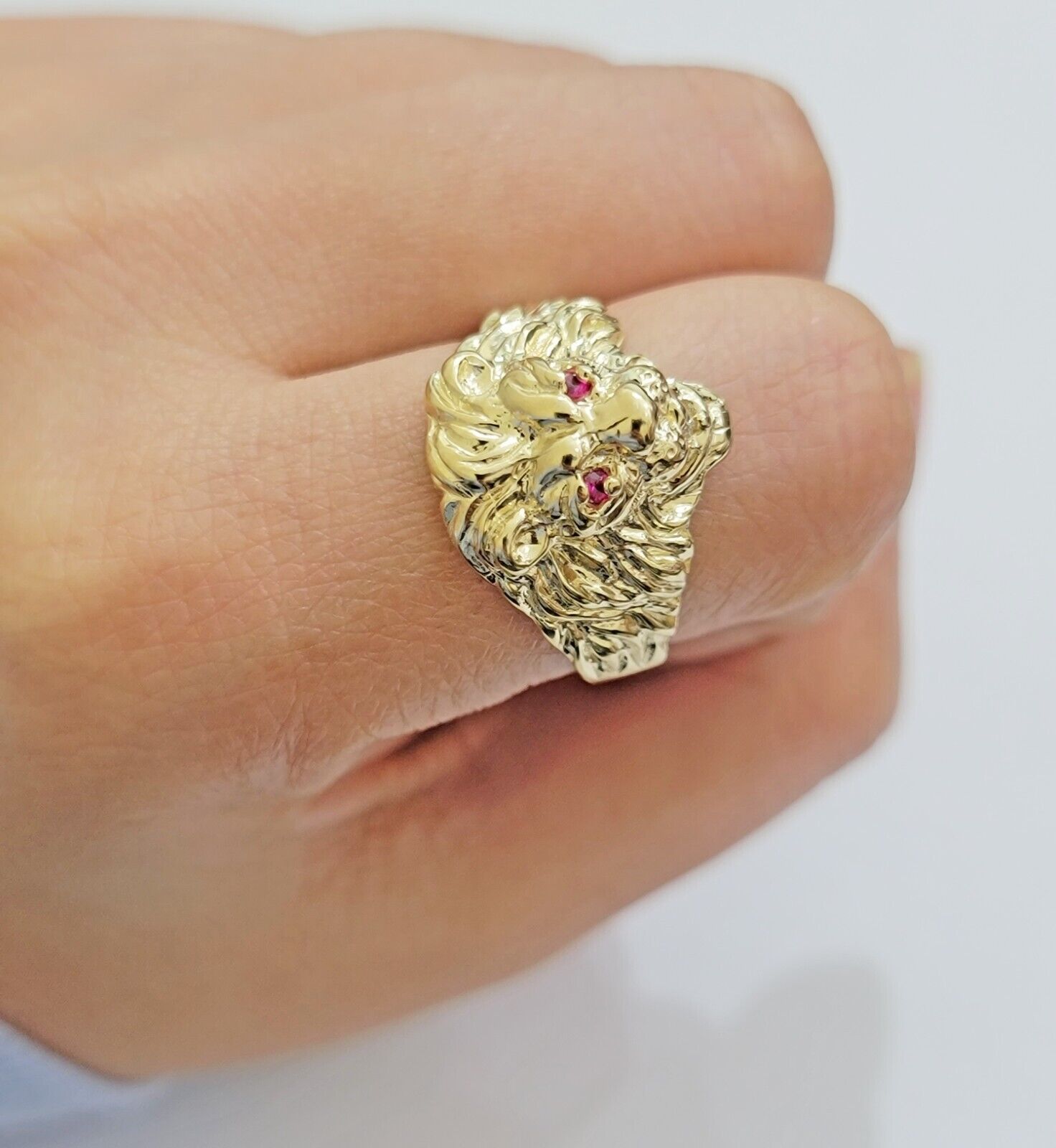 Mens Ring Lion Head REAL 10k Yellow Gold Roaring Lion With Red Eye , 10kt Solid - GoldenlinQ