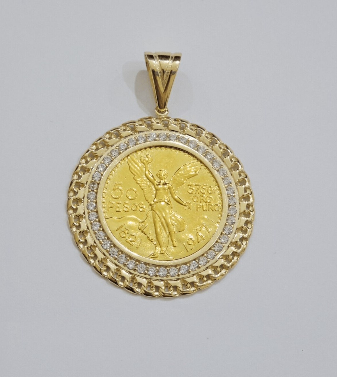 Mexican Centenario Coin 1947 Charm Pendant Replica 50 pesos With Bezel 10kt Gold - GoldenlinQ