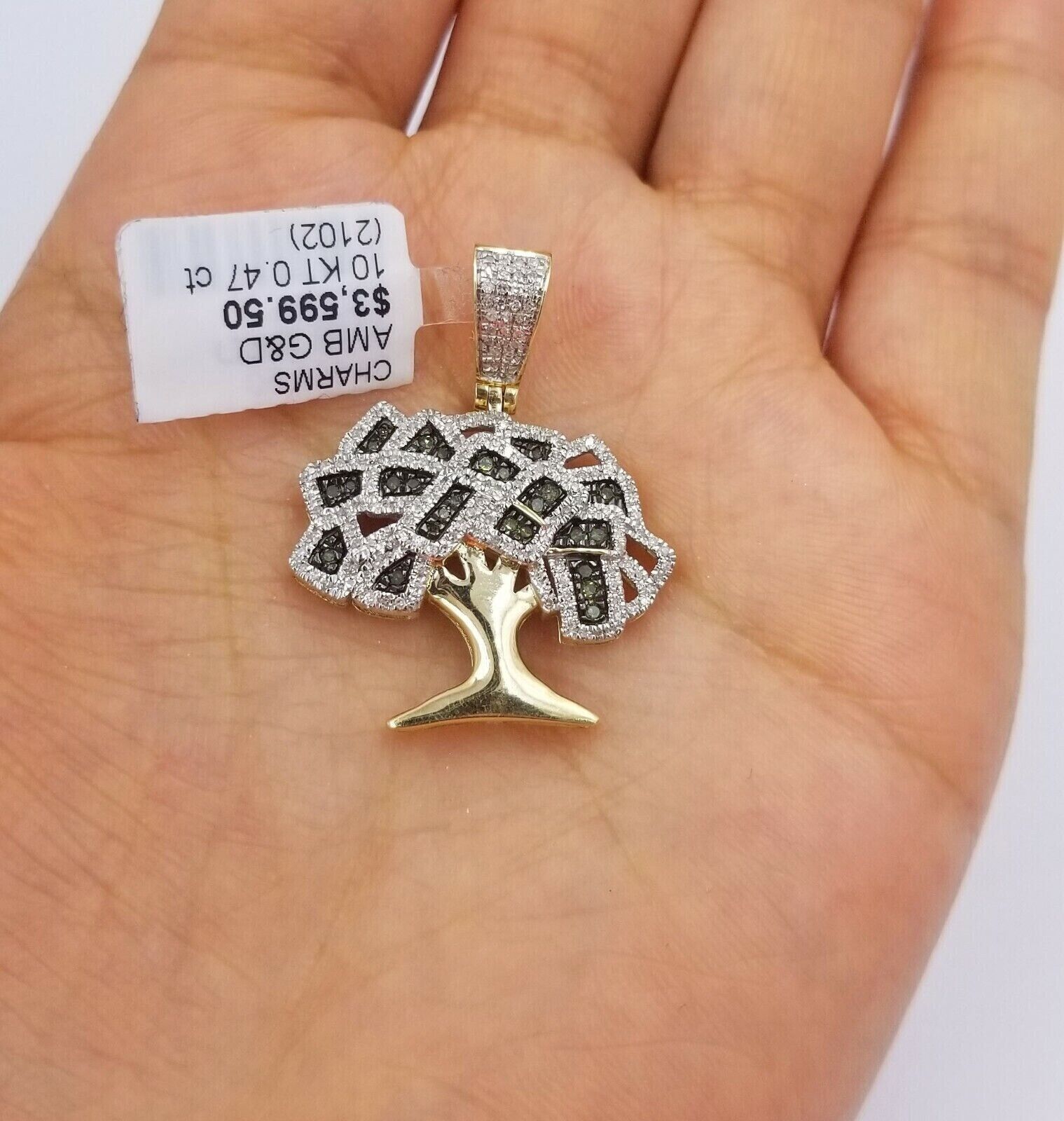 Money Tree charm Pendant REAL 10k Yellow Gold Genuine Natural Diamonds For Mens - GoldenlinQ
