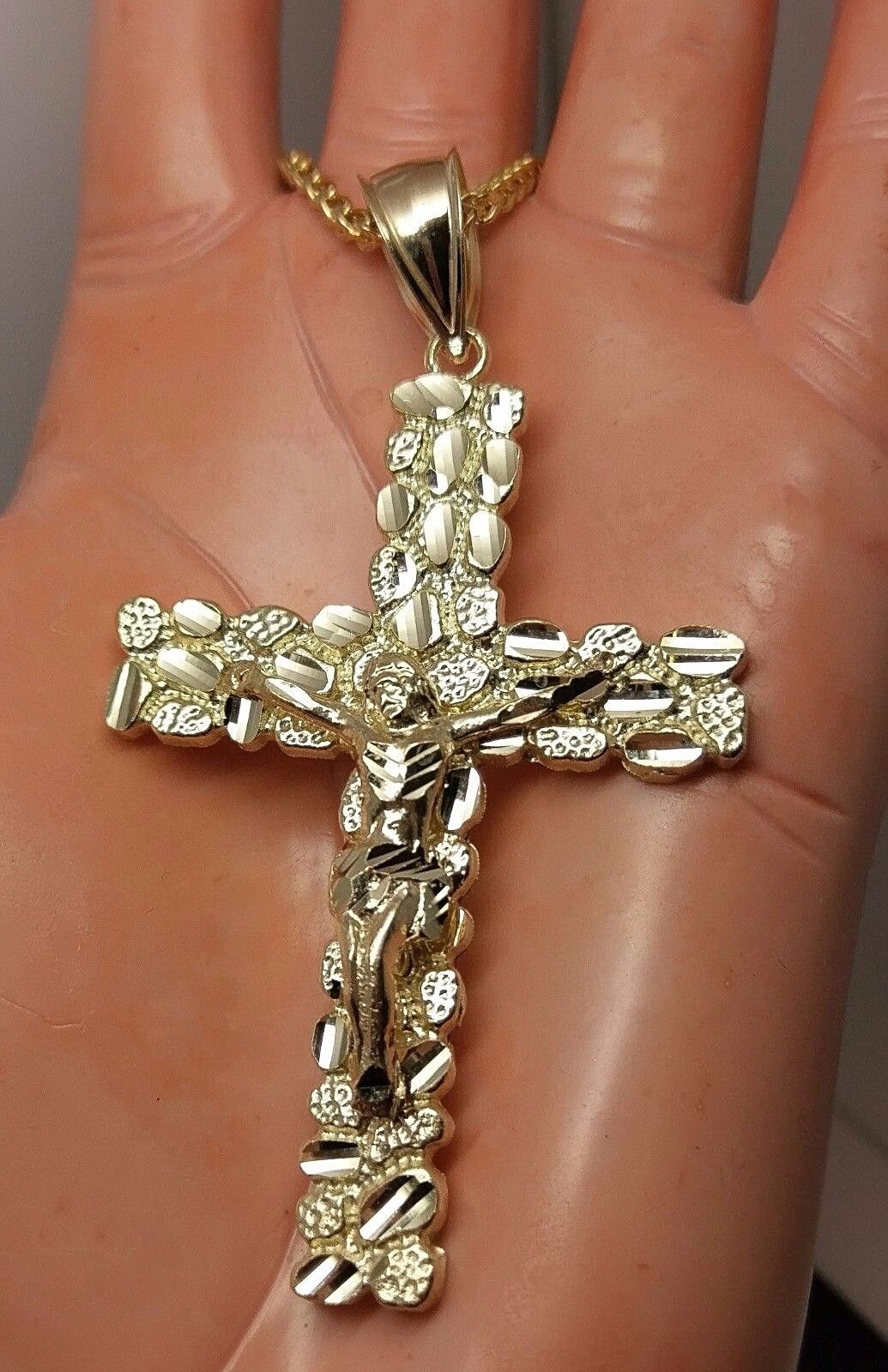 Nugget Style 10K Yellow Gold Men Women Jesus Crucified Cross Pendent - GoldenlinQ
