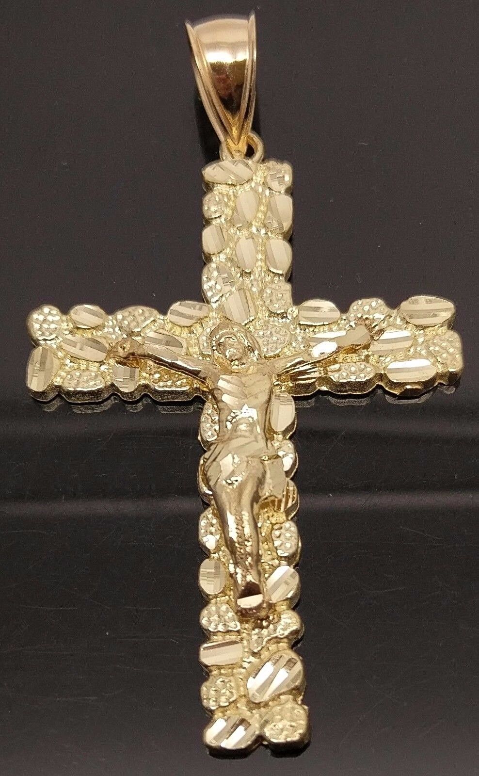 Nugget Style 10K Yellow Gold Men Women Jesus Crucified Cross Pendent - GoldenlinQ