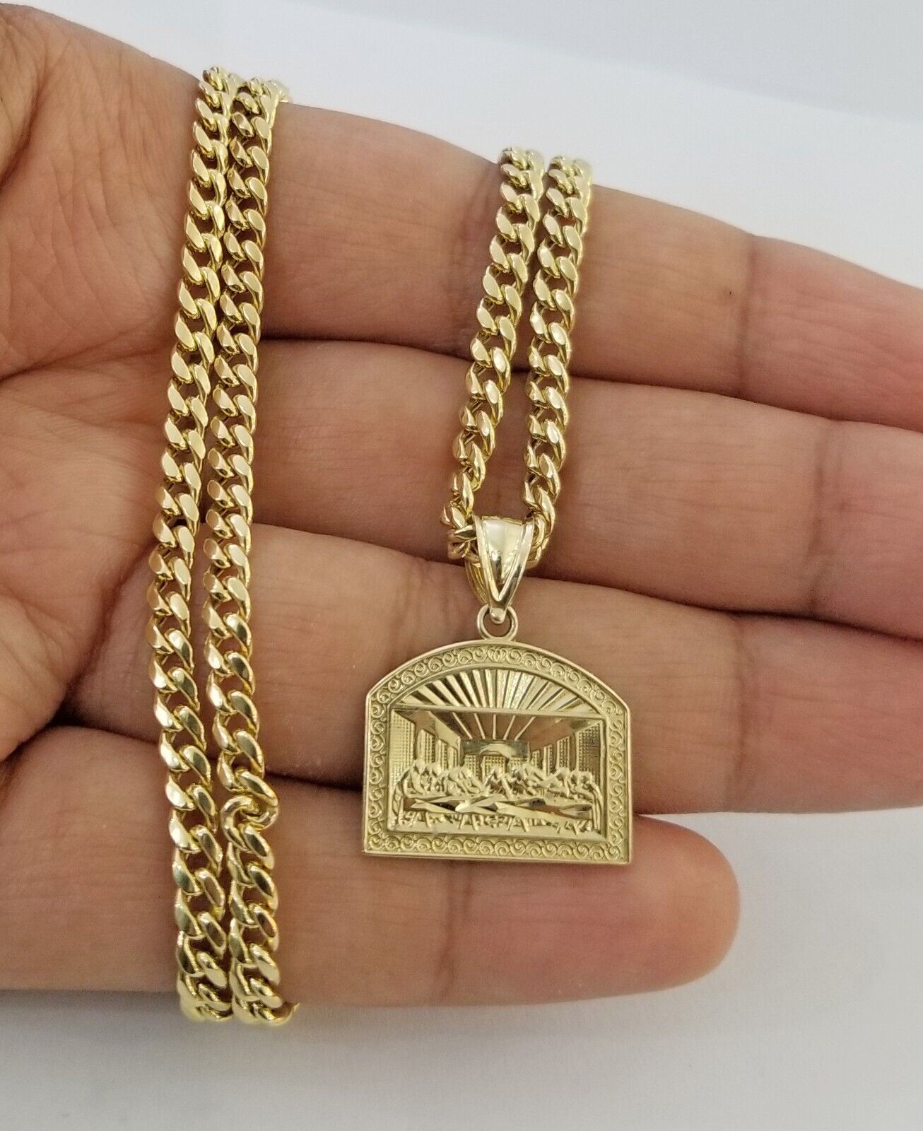 Real 10 k Gold Last Supper Charm Miami Cuban Chain 4mm 24" Necklace pendant set - GoldenlinQ