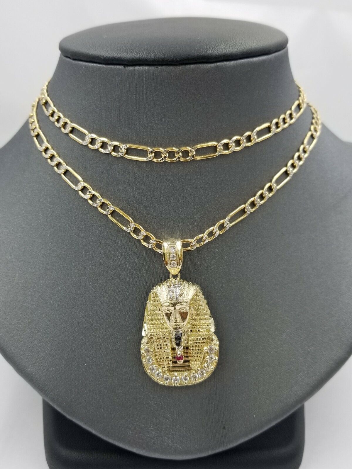 Real 10k Figaro Chain 24" Inch Diamond Cut 1.5 Inch Pharaoh Head Charm Pendant - GoldenlinQ