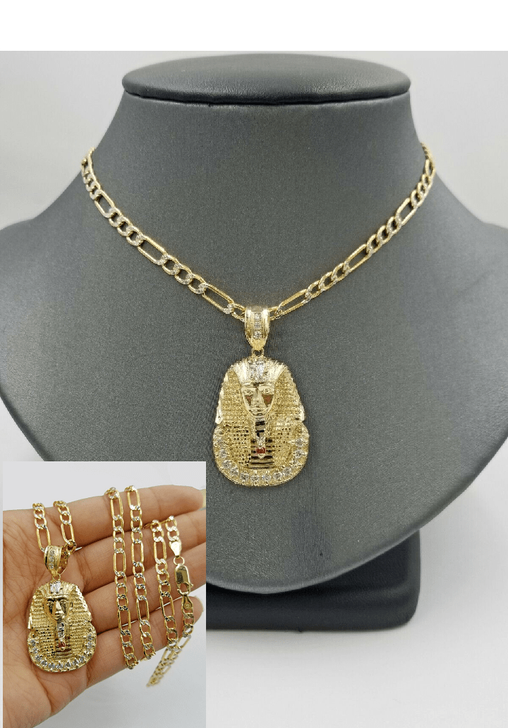 Real 10k Figaro Chain 24" Inch Diamond Cut 1.5 Inch Pharaoh Head Charm Pendant - GoldenlinQ