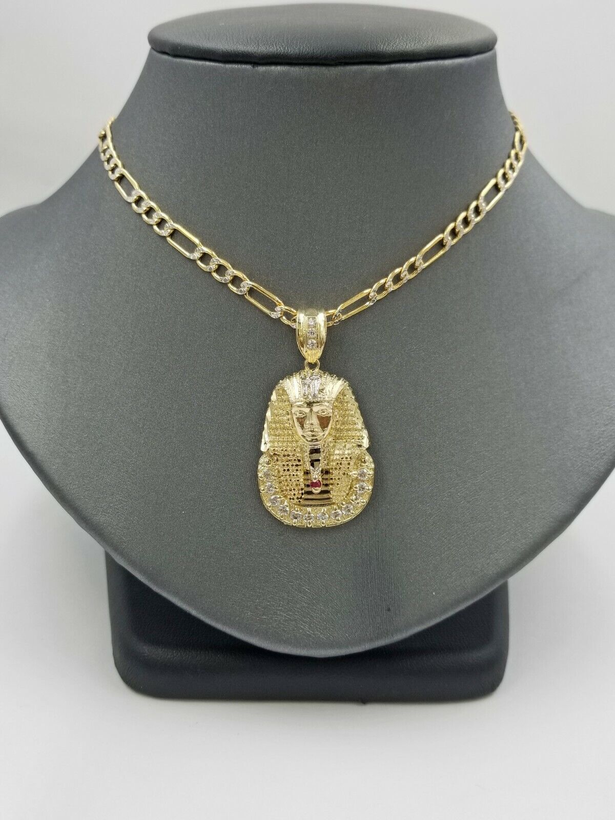Real 10k Figaro Chain 24" Inch Diamond Cut 1.5 Inch Pharaoh Head Charm Pendant - GoldenlinQ