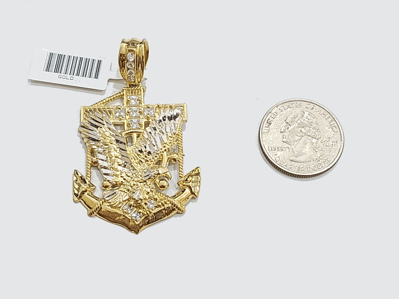 Real 10k Gold Anchor Eagle Bird Charm 2'' Pendant 10kt Yellow Gold Men Women - GoldenlinQ
