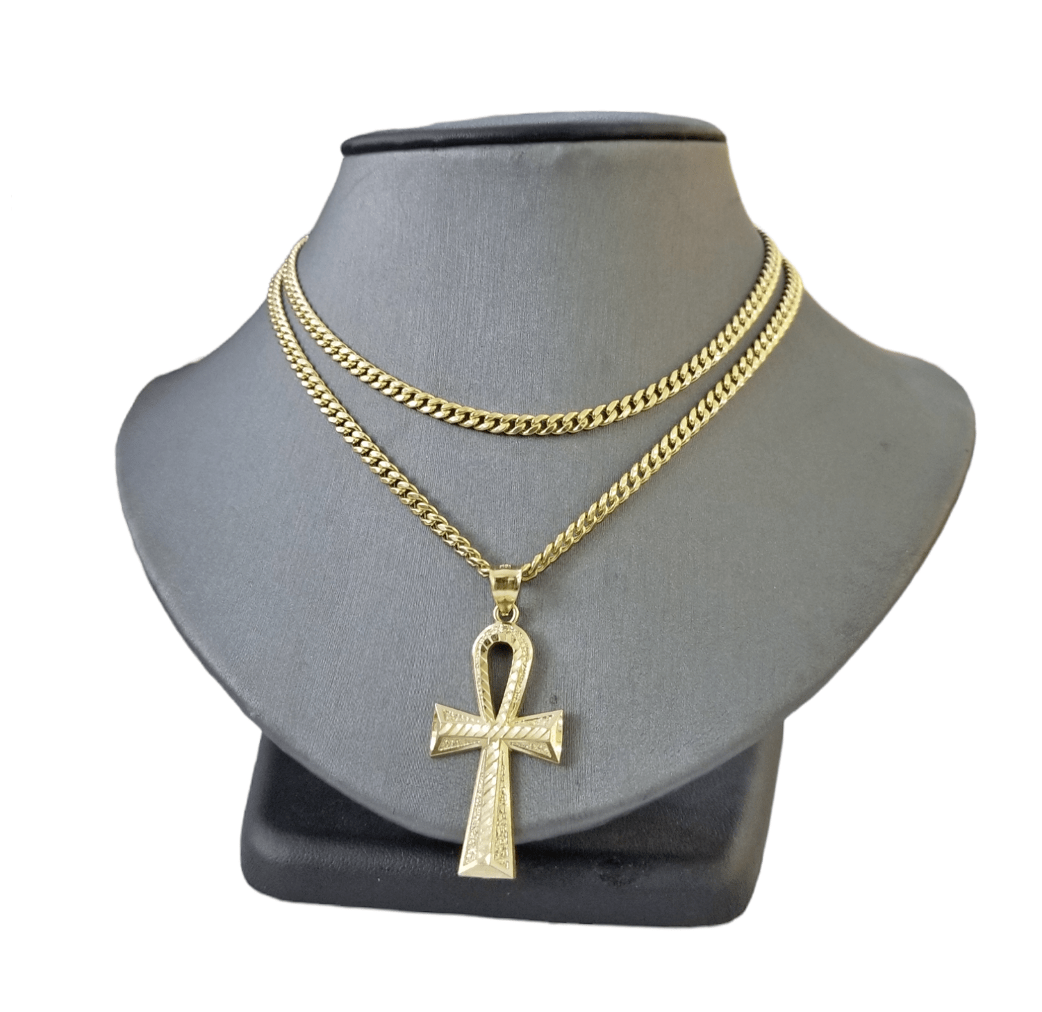 Real 10k Gold Ankh Cross Pendent 4mm Cuban Link Chain 18"20' 22" 24" 26" SET - GoldenlinQ