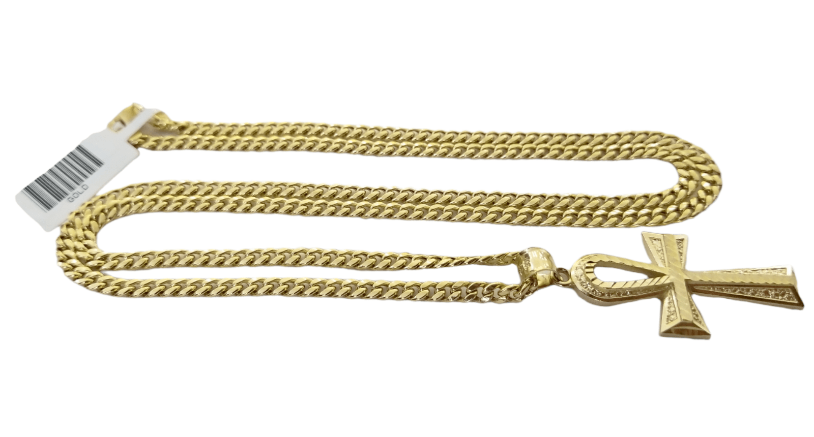Real 10k Gold Ankh Cross Pendent 4mm Cuban Link Chain 18"20' 22" 24" 26" SET - GoldenlinQ