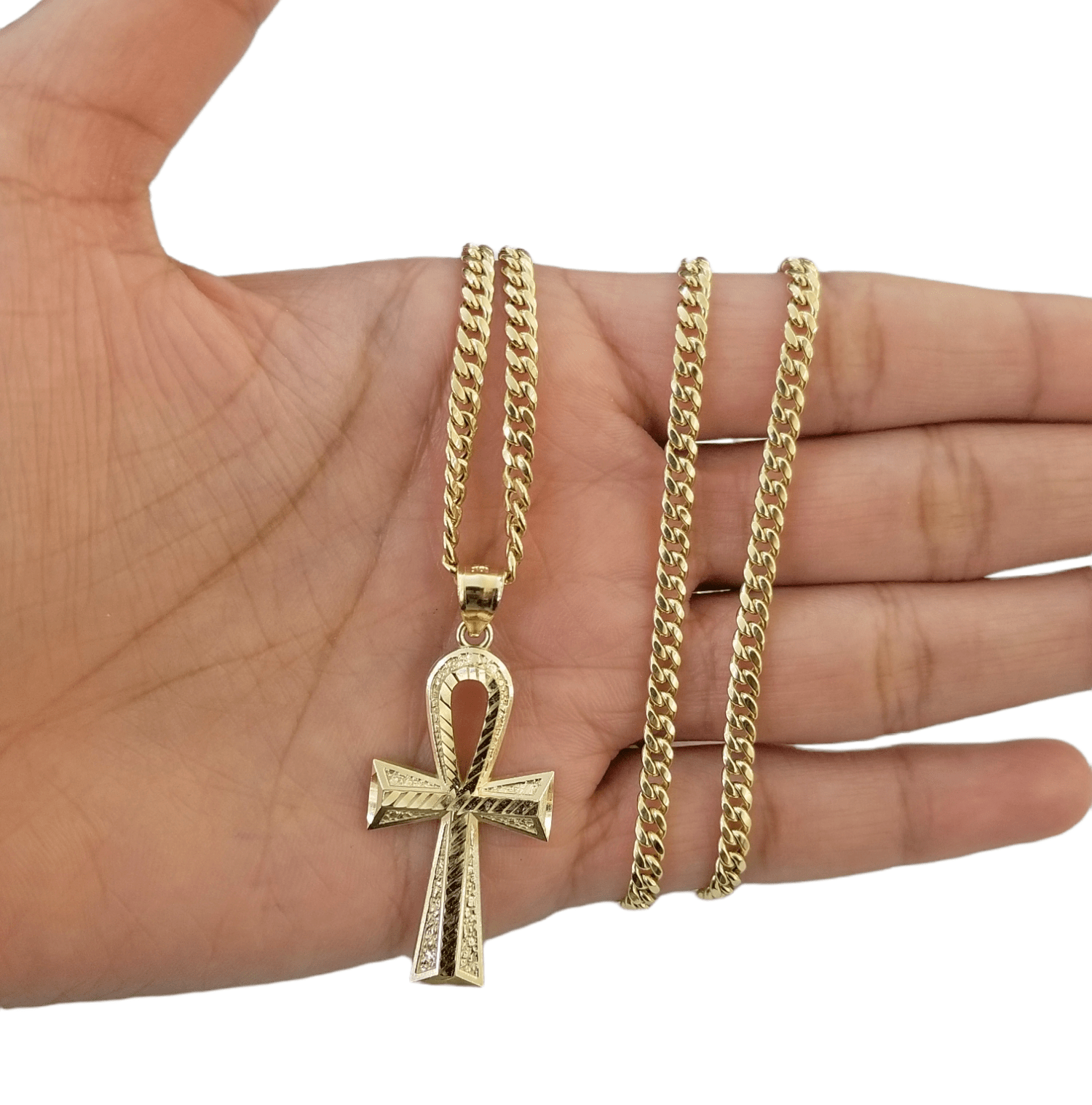 Real 10k Gold Ankh Cross Pendent 4mm Cuban Link Chain 18"20' 22" 24" 26" SET - GoldenlinQ