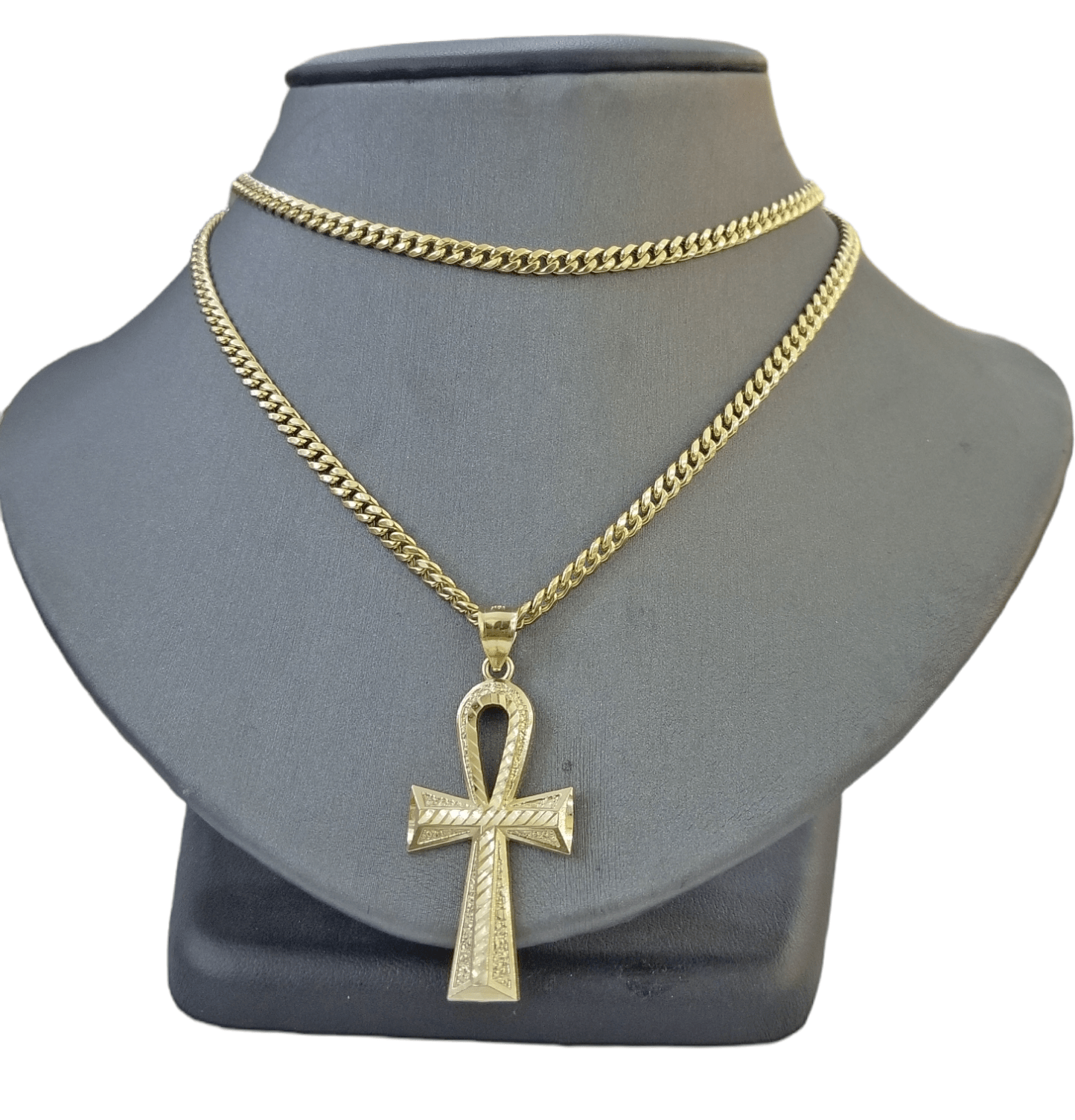 Real 10k Gold Ankh Cross Pendent 4mm Cuban Link Chain 18"20' 22" 24" 26" SET - GoldenlinQ