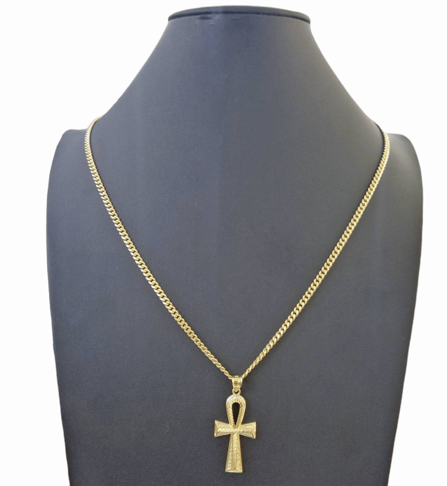 Real 10k Gold Ankh Cross Pendent 4mm Cuban Link Chain 18"20' 22" 24" 26" SET - GoldenlinQ