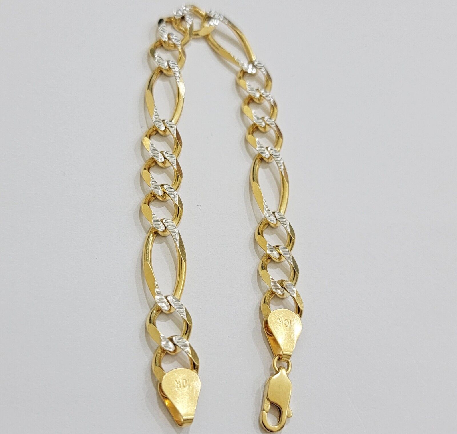 REAL 10k Gold Bracelet Figaro Link Solid Yellow Gold 8.5" 9mm Two - tone Diamond - GoldenlinQ