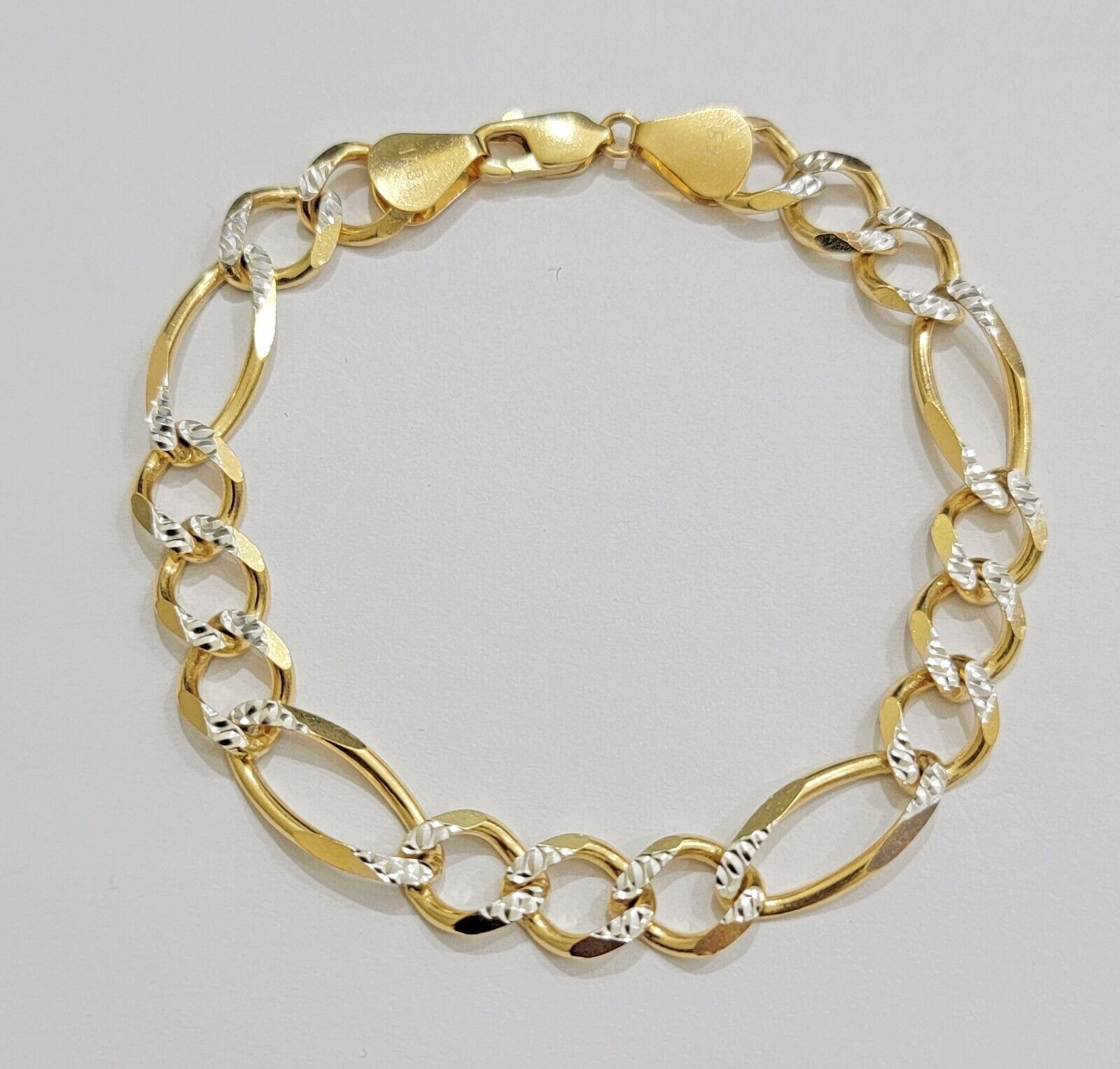 REAL 10k Gold Bracelet Figaro Link Solid Yellow Gold 8.5" 9mm Two - tone Diamond - GoldenlinQ