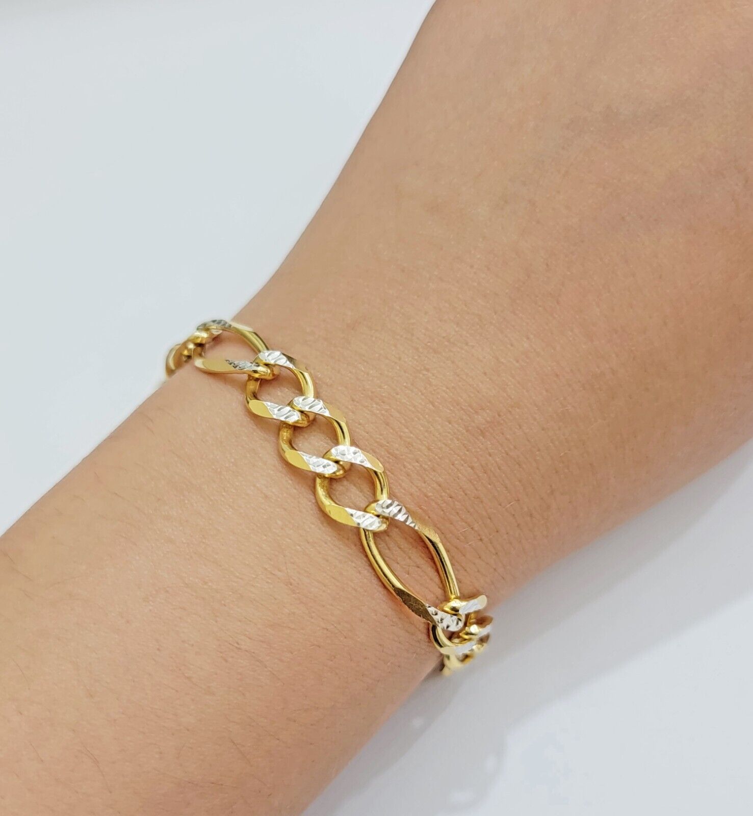 REAL 10k Gold Bracelet Figaro Link Solid Yellow Gold 8.5" 9mm Two - tone Diamond - GoldenlinQ